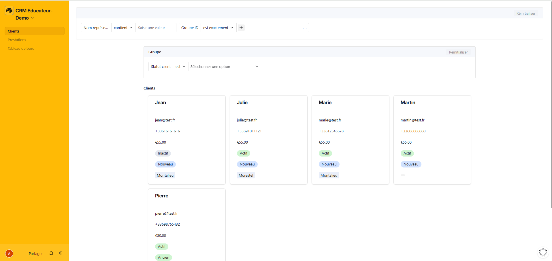 Fiches clients du CRM sur-mesure (données de démonstration anonymisées)